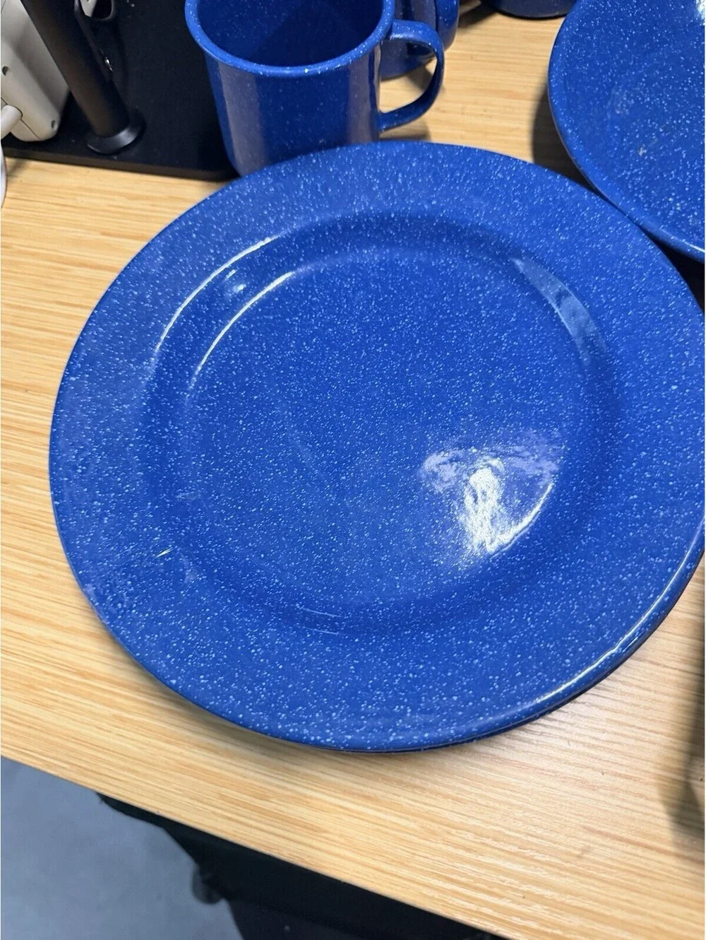 Blue Speckled 9 piece Camping Dish Set for 4 hiking skillet plates cups